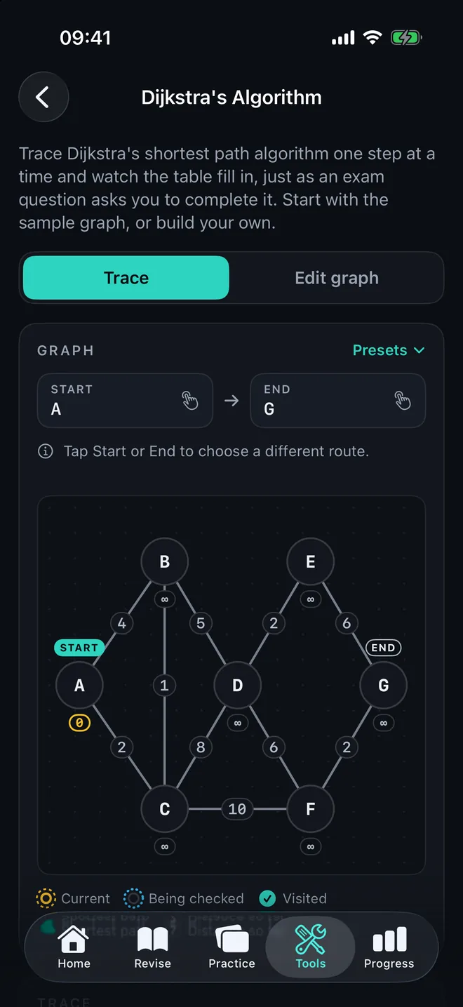 The Dijkstra’s algorithm tool: a weighted graph with seven nodes, a start node A and an end node G, ready to trace.