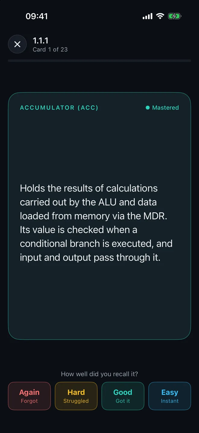 A flashcard for the accumulator, marked Mastered, with four buttons to rate recall: Again, Hard, Good and Easy.