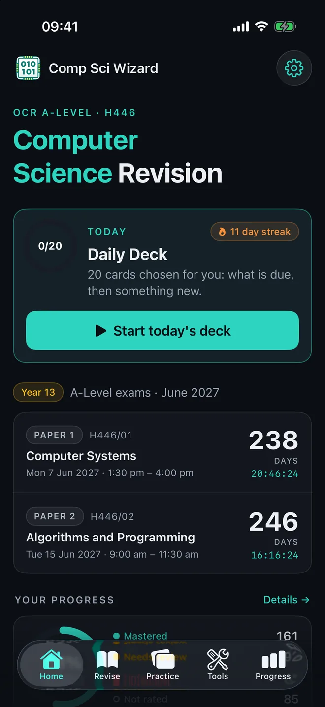 The app’s Home screen: today’s Daily Deck of 20 cards, an 11 day streak and a countdown in days to Paper 1 and Paper 2.
