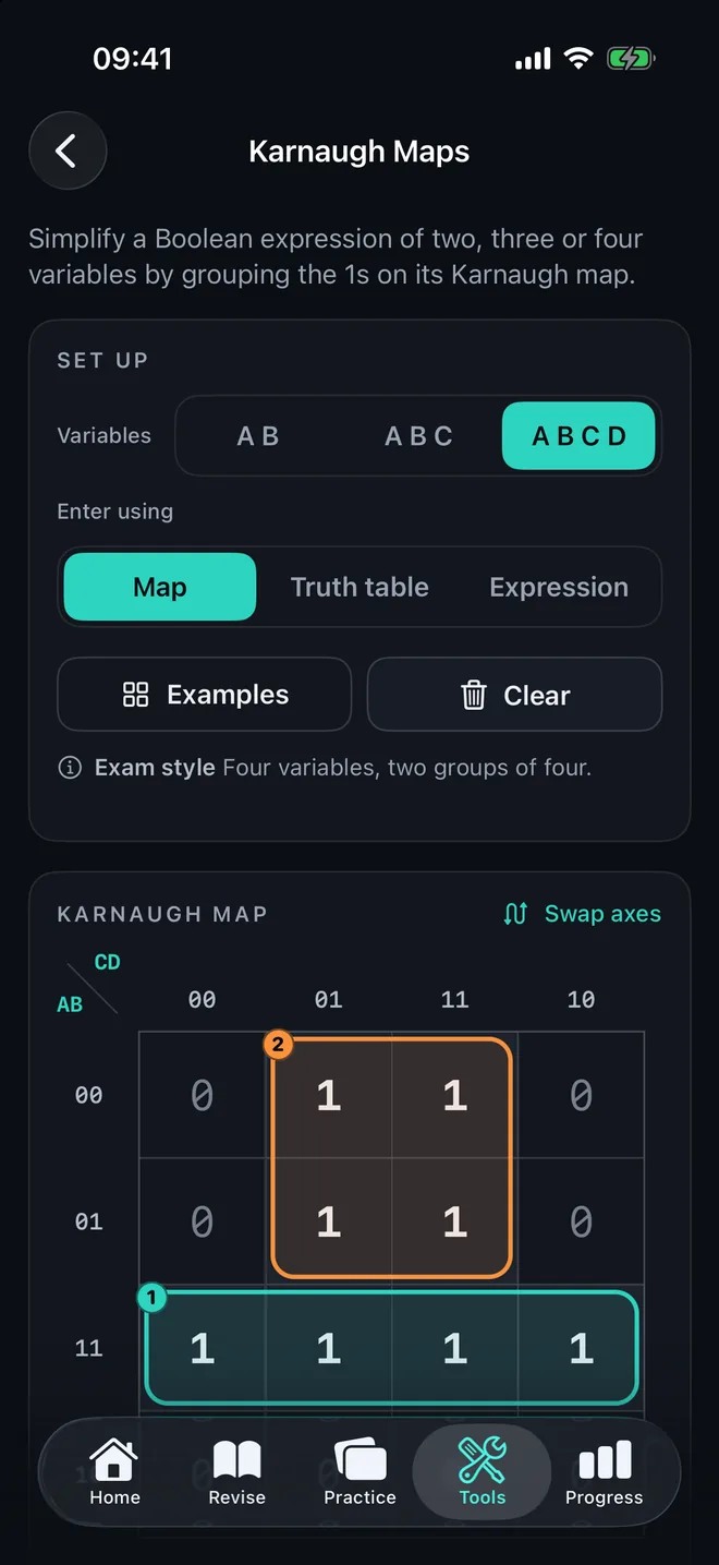 The Karnaugh map tool with a four-variable map and two groups of four 1s outlined.